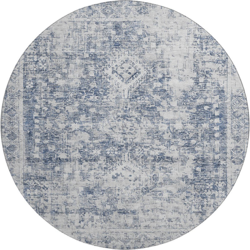 8' X 8' Navy Blue And Silver Oriental Washable Round Rug With UV Protection