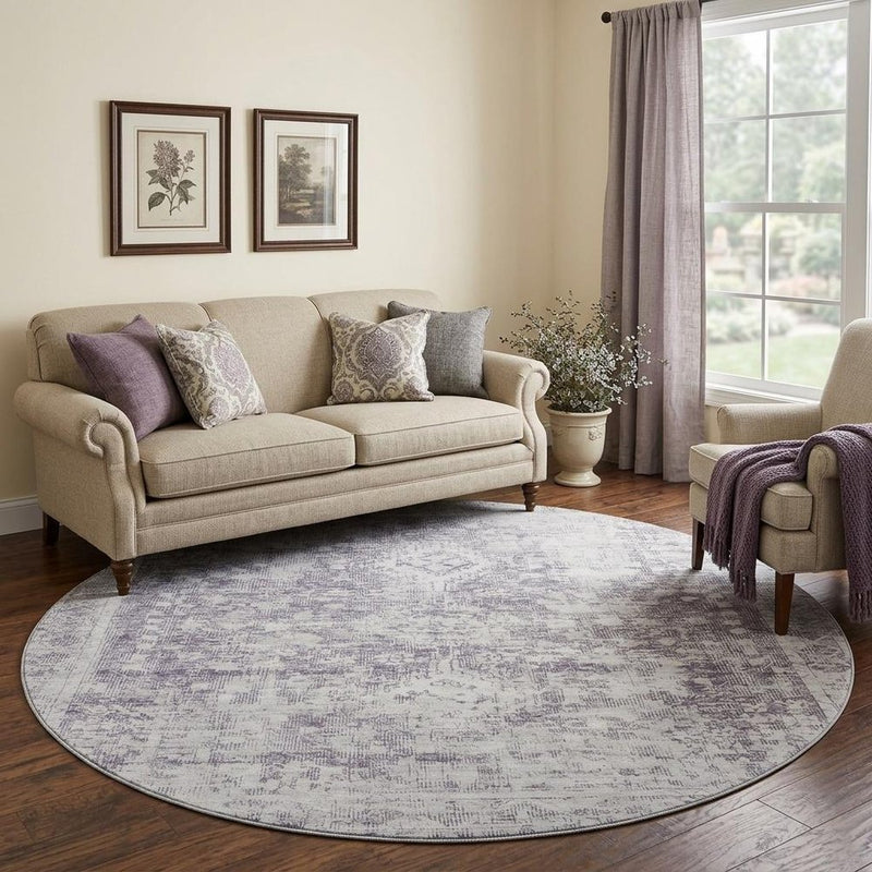 8' X 8' Plum And Silver Oriental Washable Round Rug With UV Protection