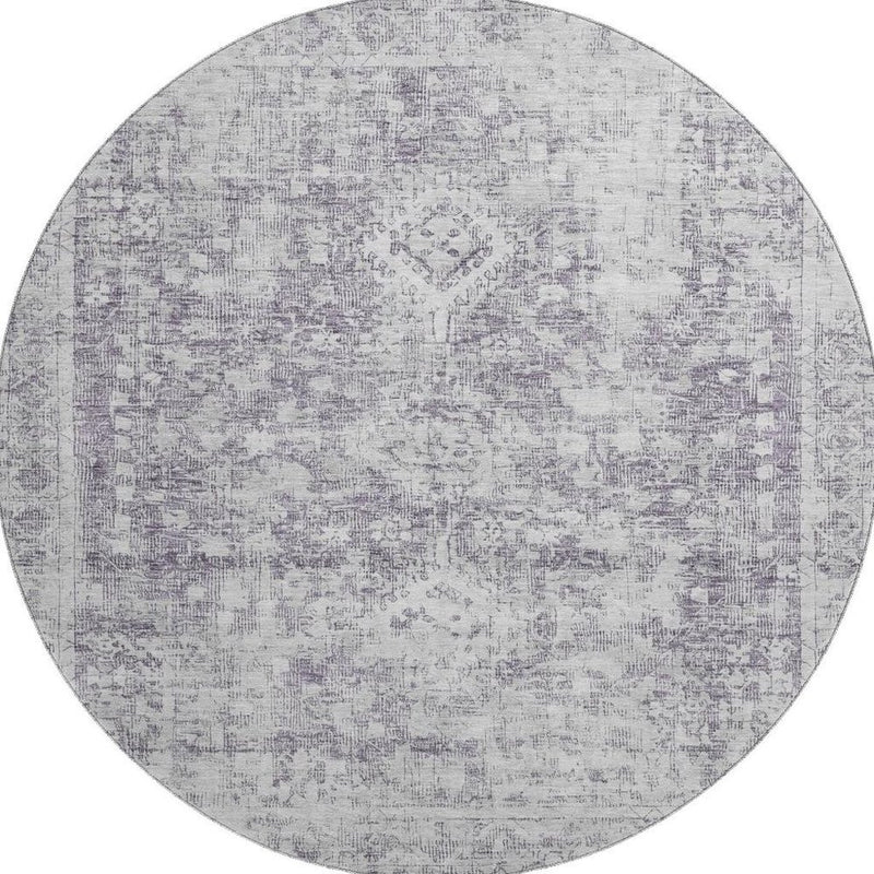 8' X 8' Plum And Silver Oriental Washable Round Rug With UV Protection