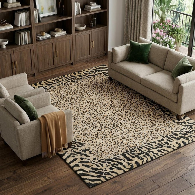 8' Gold And Black Animal Print Washable Area Rug With UV Protection