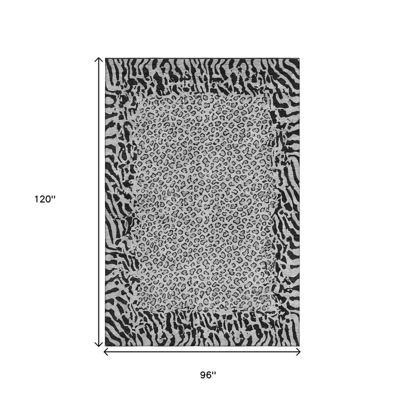 8' Gray And Black Animal Print Washable Area Rug With UV Protection