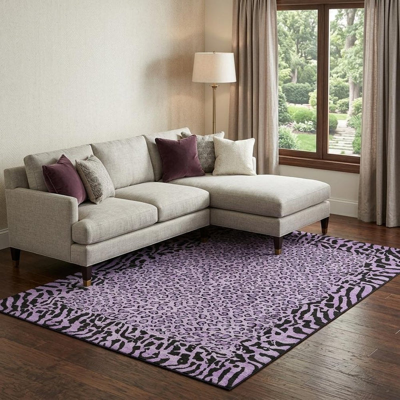 8' Purple And Black Animal Print Washable Area Rug With UV Protection
