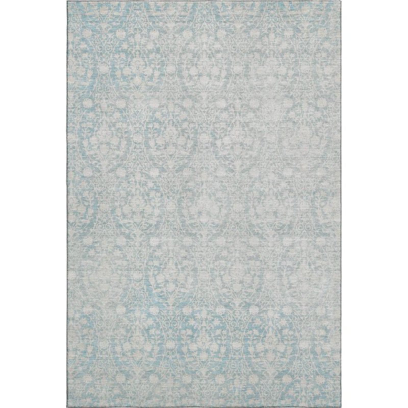 8' Aqua And Ivory Damask Washable Area Rug With UV Protection