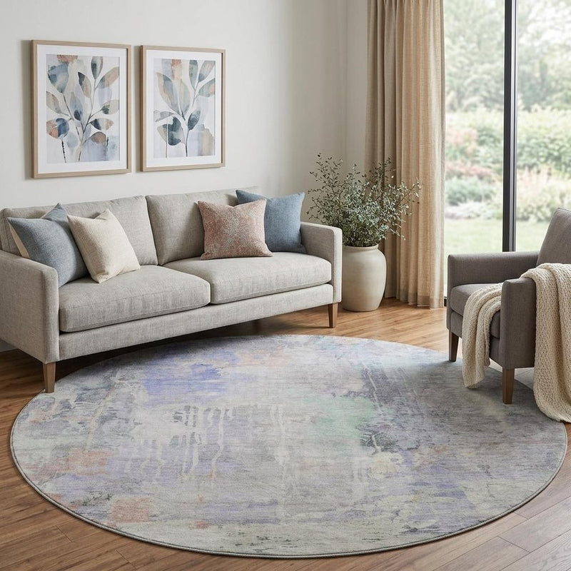8' X 8' Purple Blue And Gray Abstract Washable Round Rug With UV Protection
