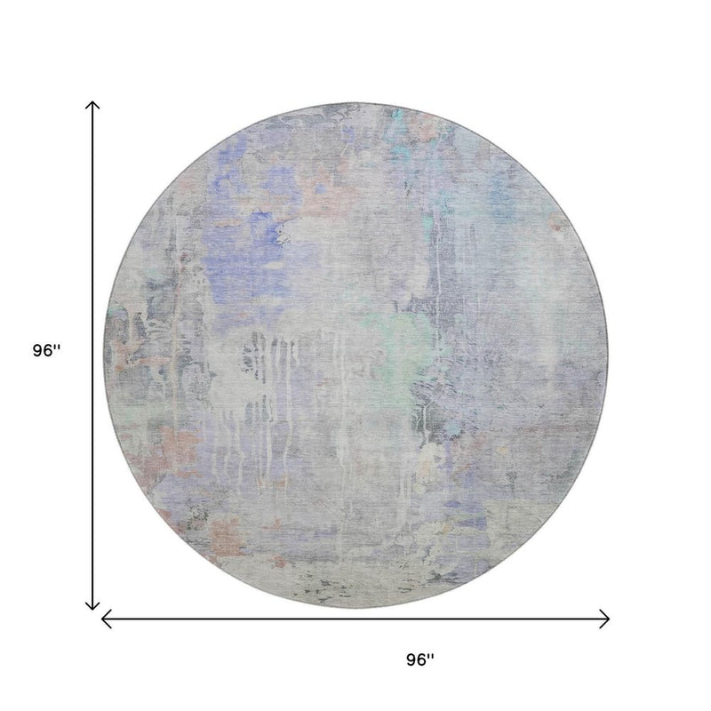 8' X 8' Purple Blue And Gray Abstract Washable Round Rug With UV Protection