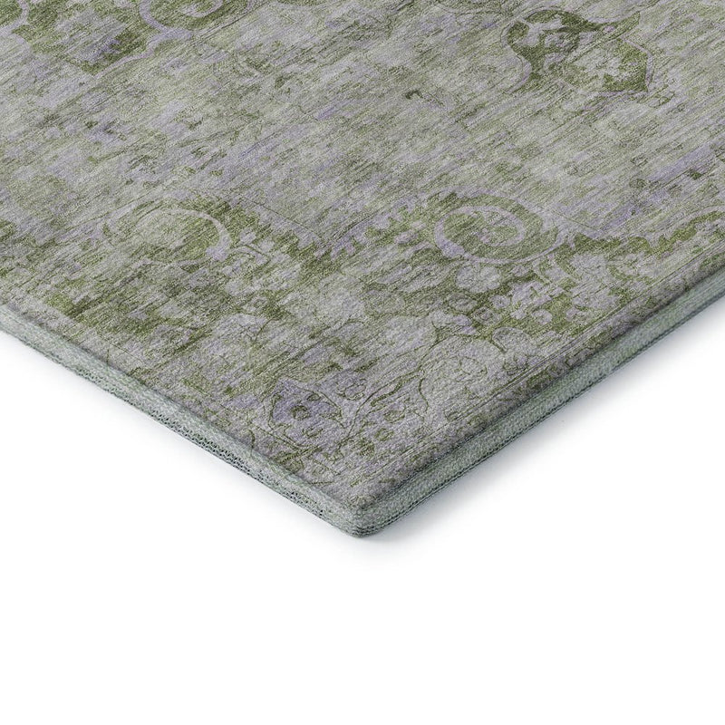 5' X 8' Olive Green And Silver Oriental Washable Area Rug With UV Protection
