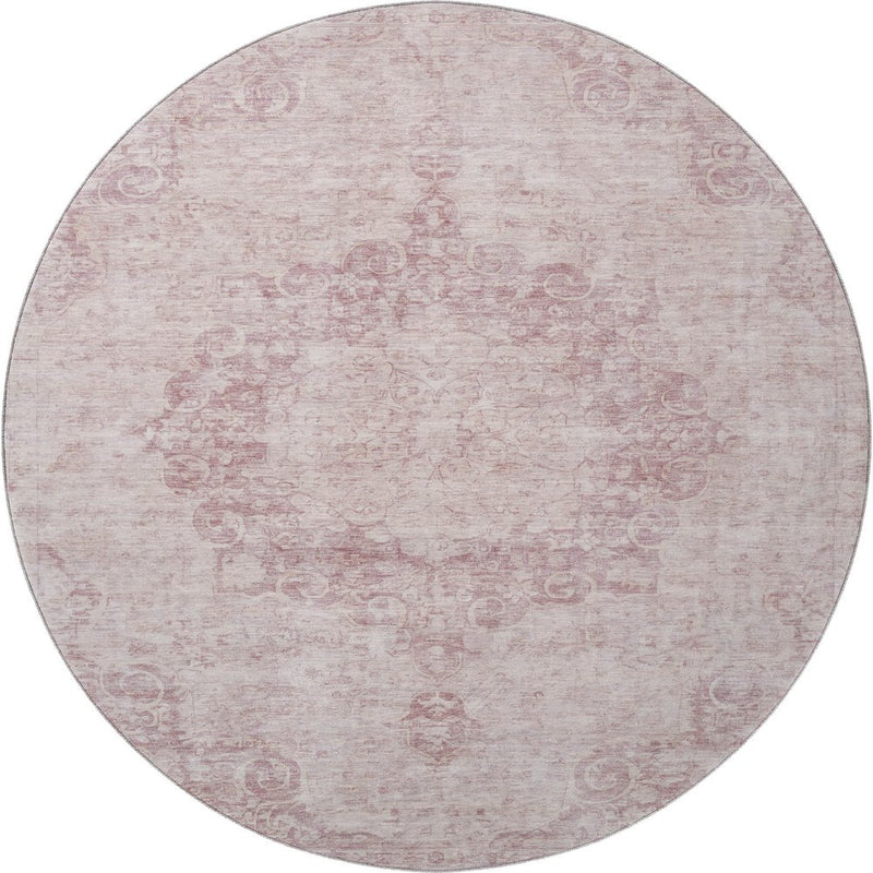8' X 8' Pink And Ivory Oriental Washable Round Rug With UV Protection