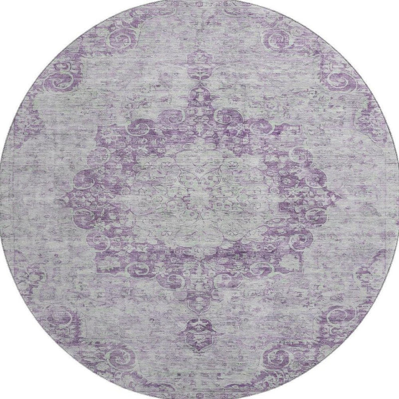 8' X 8' Purple And Silver Oriental Washable Round Rug With UV Protection