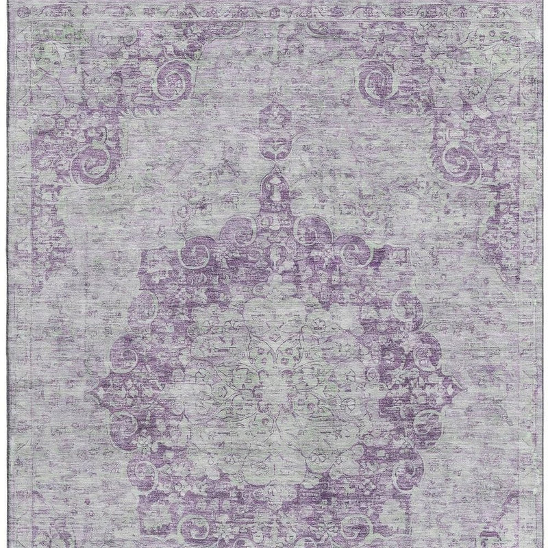 9' X 12' Purple And Silver Oriental Washable Area Rug With UV Protection