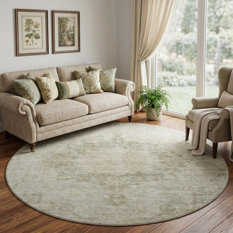 8' X 8' Sage Ivory And Gray Oriental Washable Round Rug With UV Protection