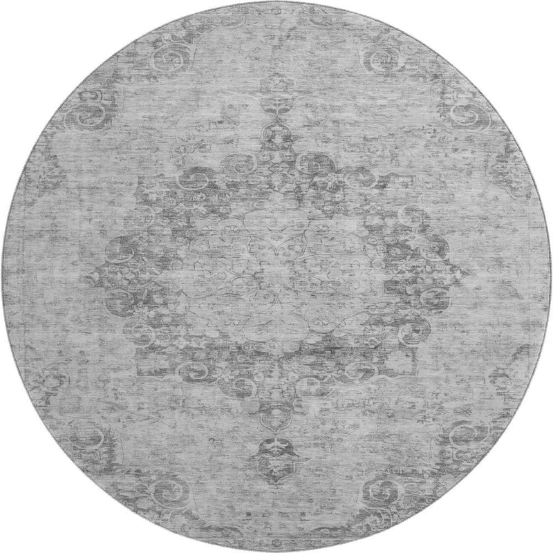 8' X 8' Silver And Gray Oriental Washable Round Rug With UV Protection