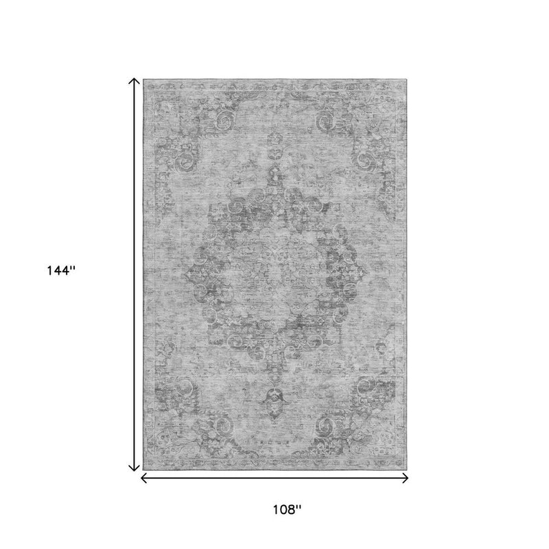 9' X 12' Silver And Gray Oriental Washable Area Rug With UV Protection