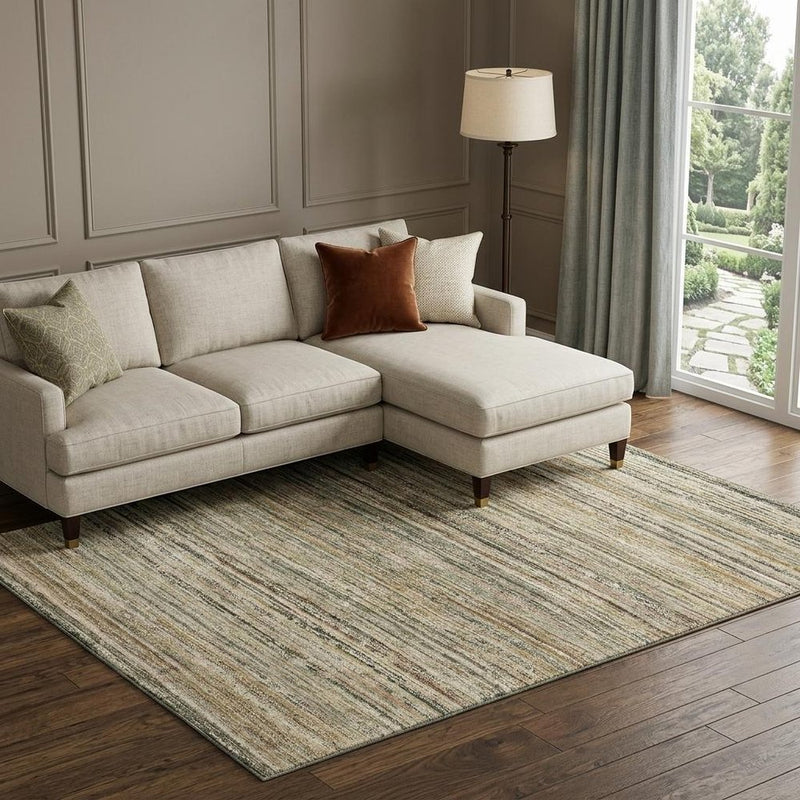 8' Beige Gold And Brown Striped Washable Area Rug With UV Protection
