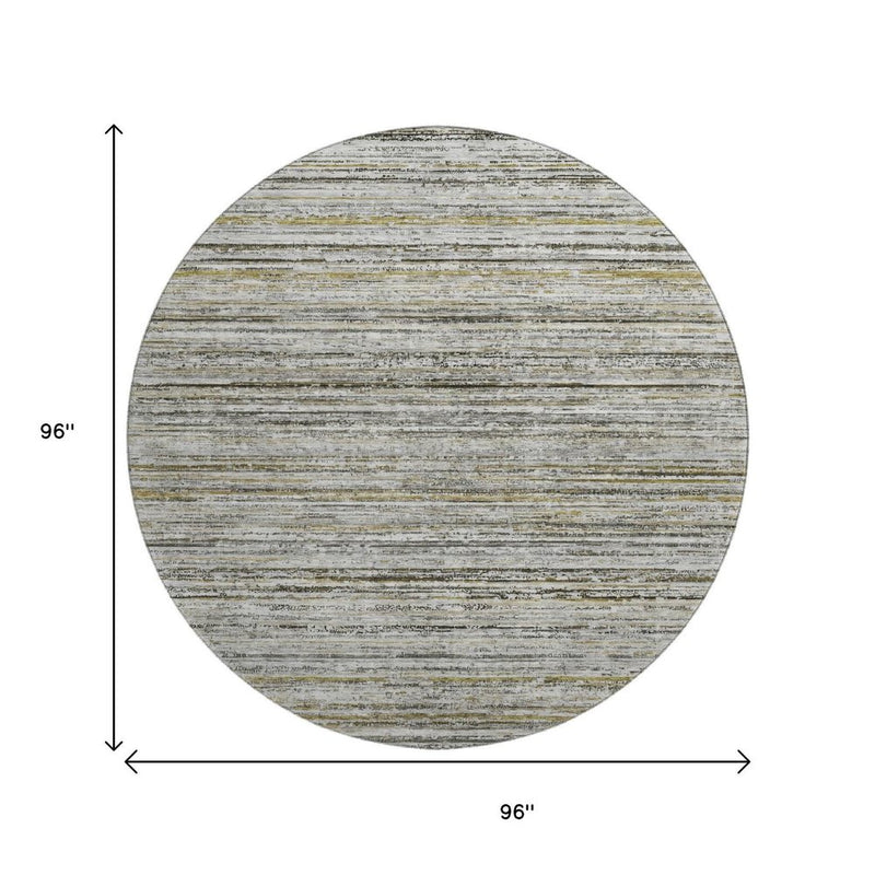 8' X 8' Pewter Silver And Gray Striped Washable Round Rug With UV Protection
