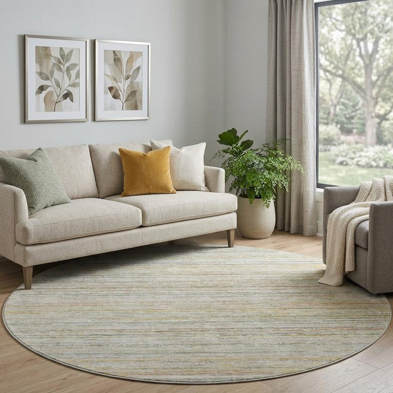 8' X 8' Sage Ivory And Gold Striped Washable Round Rug With UV Protection