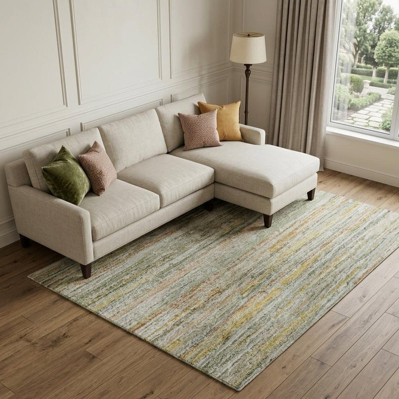 8' Sage Ivory And Gold Striped Washable Area Rug With UV Protection