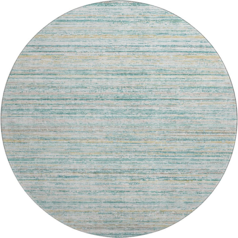 8' X 8' Teal Ivory And Gold Striped Washable Round Rug With UV Protection