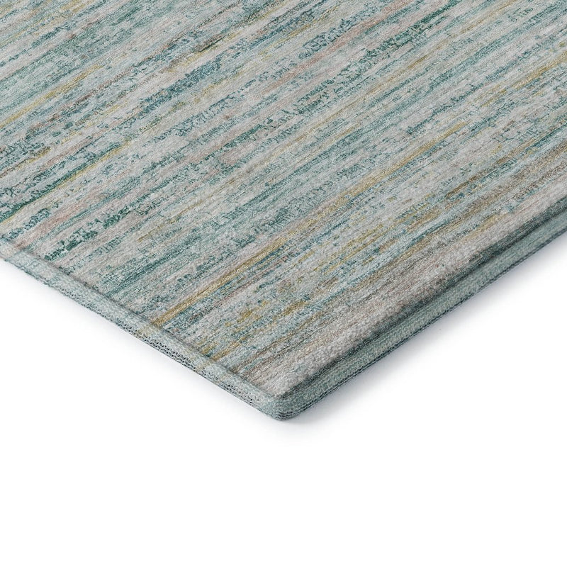 8' X 8' Teal Ivory And Gold Striped Washable Round Rug With UV Protection