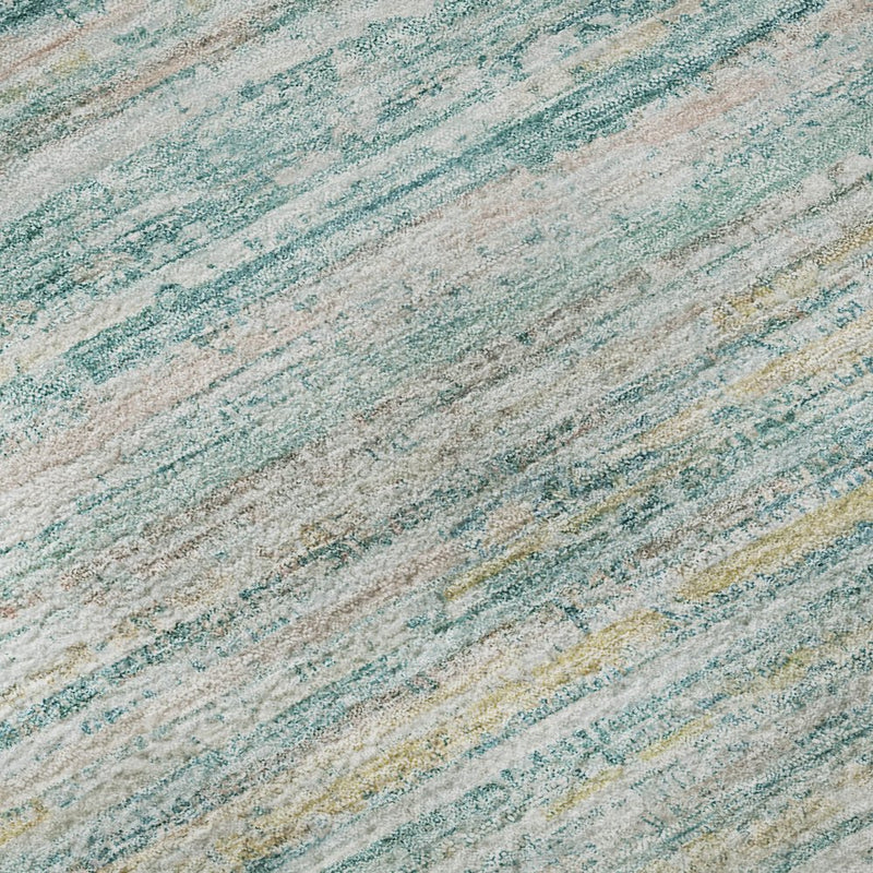 8' X 8' Teal Ivory And Gold Striped Washable Round Rug With UV Protection