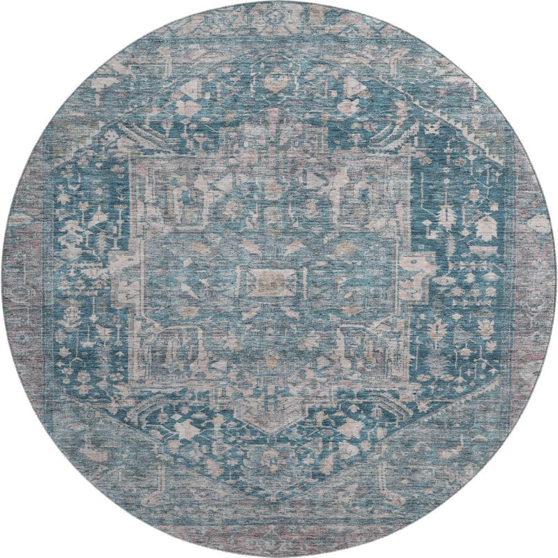 8' X 8' Blue Gray And Silver Oriental Washable Round Rug With UV Protection