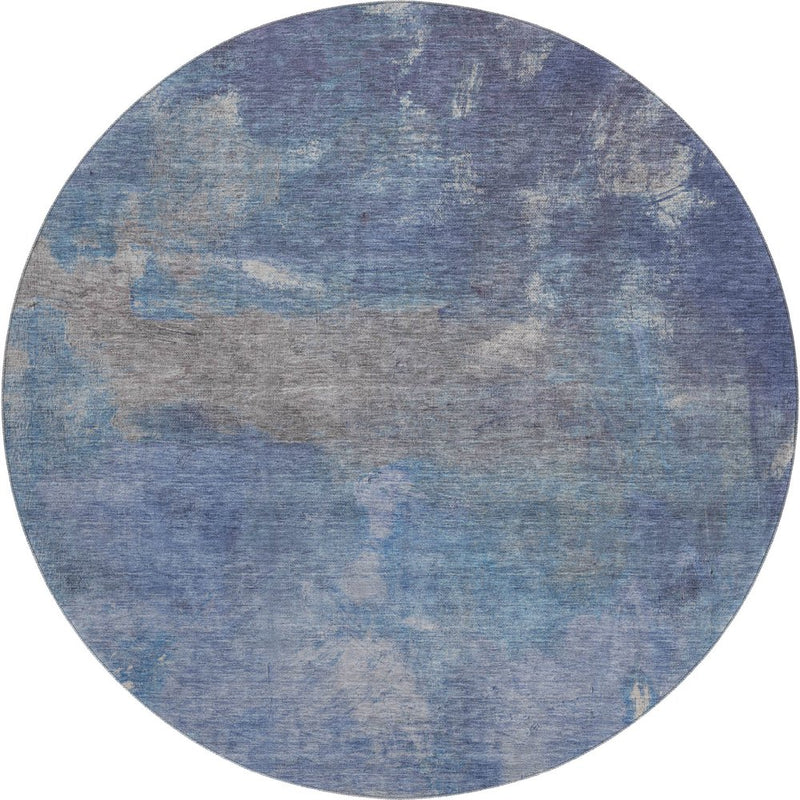 8' X 8' Blue Gray And Silver Abstract Washable Round Rug With UV Protection