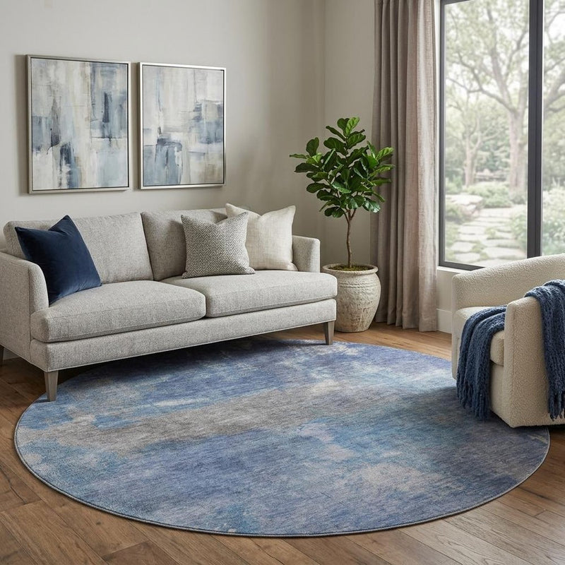 8' X 8' Blue Gray And Silver Abstract Washable Round Rug With UV Protection