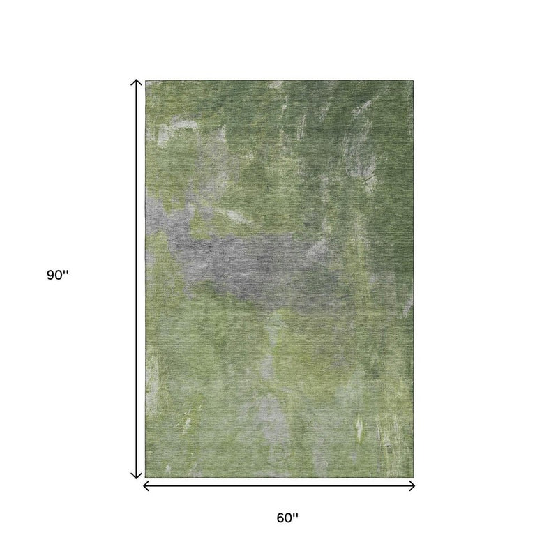 5' X 8' Green And Gray Abstract Washable Area Rug With UV Protection