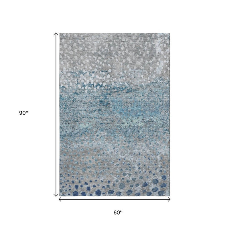 5' X 8' Gray Ivory And Blue Polka Dot Washable Area Rug With UV Protection