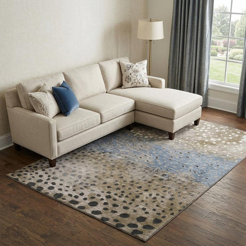 9' X 12' Khaki Blue And Ivory Polka Dot Washable Area Rug With UV Protection
