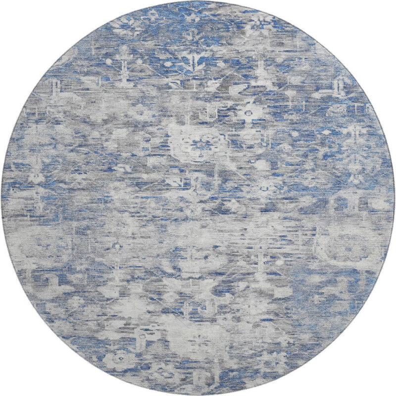 8' X 8' Blue Gray And Silver Floral Washable Round Rug With UV Protection