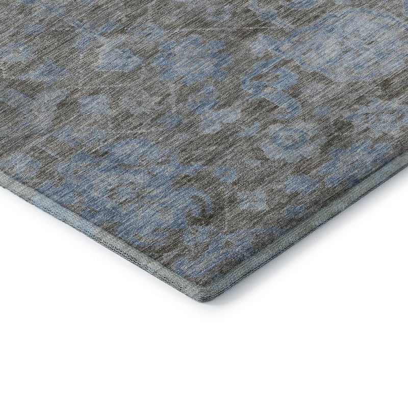 9' X 12' Gray And Blue Floral Washable Area Rug With UV Protection