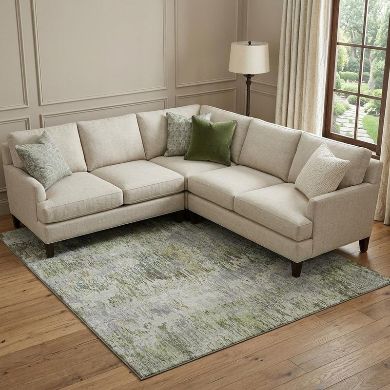 9' X 12' Artichoke Green Ivory And Gray Striped Washable Area Rug With UV Protection