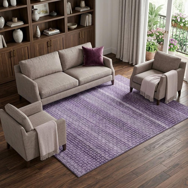 8' Lavender And Lilac Striped Washable Area Rug With UV Protection