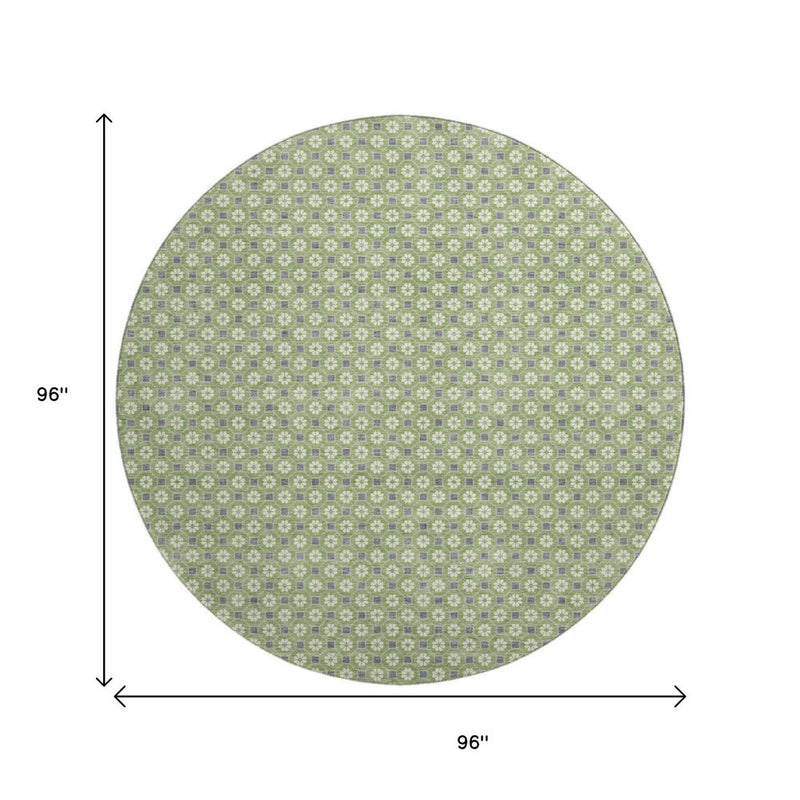 8' X 8' Green Gray And Ivory Geometric Washable Round Rug With UV Protection