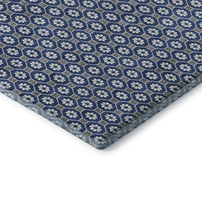 9' X 12' Navy Blue Gray And Silver Geometric Washable Area Rug With UV Protection