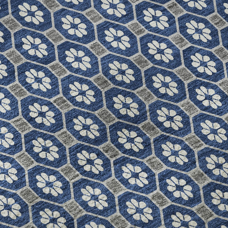 9' X 12' Navy Blue Gray And Silver Geometric Washable Area Rug With UV Protection