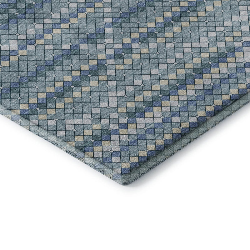 8' Denim Blue Ivory And Teal Geometric Washable Area Rug With UV Protection