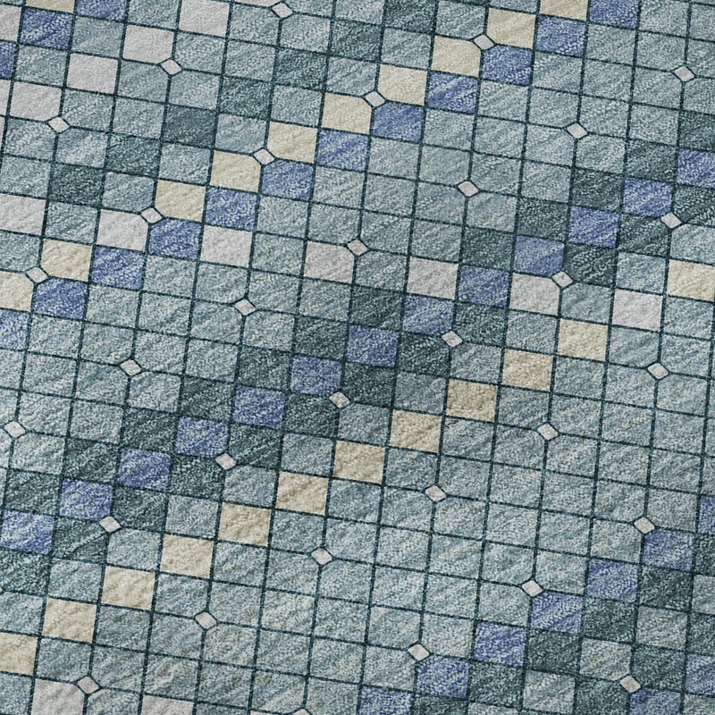 8' Denim Blue Ivory And Teal Geometric Washable Area Rug With UV Protection