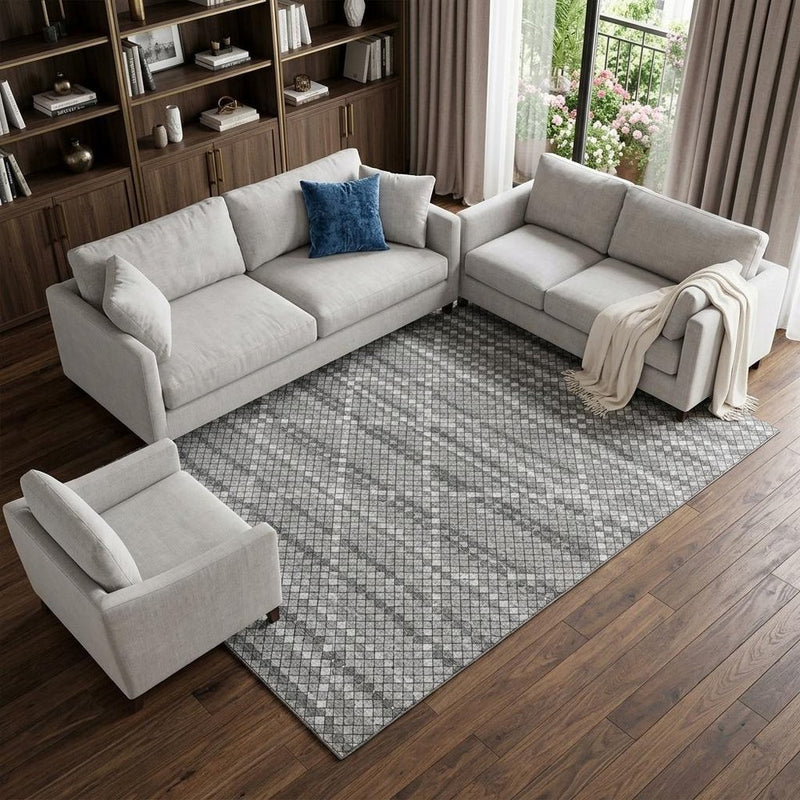 9' X 12' Gray Silver And Charcoal Geometric Washable Area Rug With UV Protection