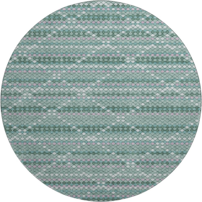 8' X 8' Teal Ivory And Lavender Geometric Washable Round Rug With UV Protection