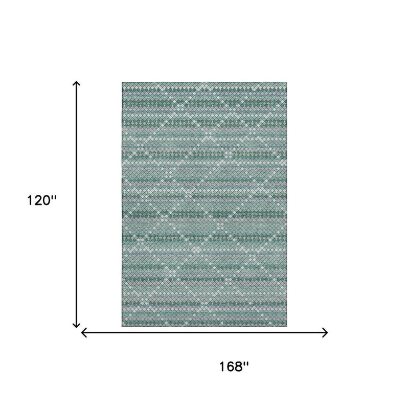 10' X 14' Teal Ivory And Lavender Geometric Washable Area Rug With UV Protection