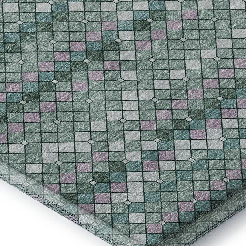 10' X 14' Teal Ivory And Lavender Geometric Washable Area Rug With UV Protection