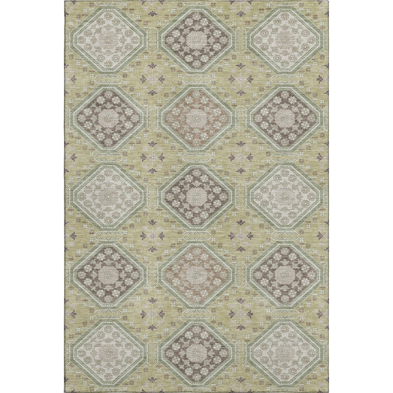8' Artichoke Green Brown And Ivory Floral Washable Area Rug With UV Protection
