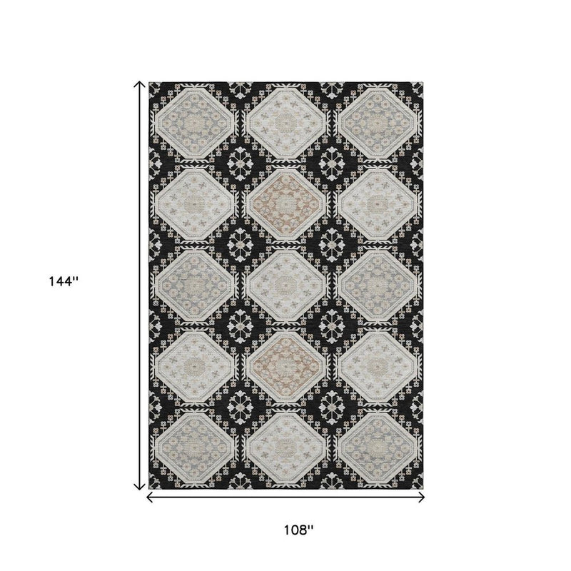 9' X 12' Black Silver And Gray Floral Washable Area Rug With UV Protection