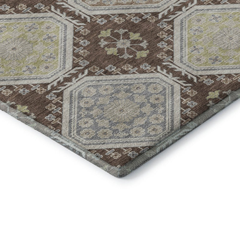 5' X 8' Chocolate Beige And Blue Floral Washable Area Rug With UV Protection