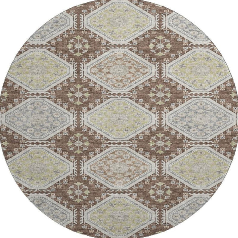 8' X 8' Chocolate Beige And Blue Floral Washable Round Rug With UV Protection