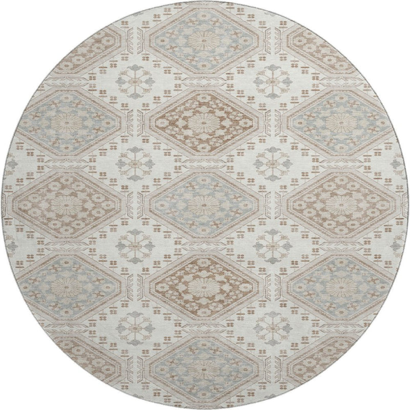 8' X 8' Ivory Brown And Gray Floral Washable Round Rug With UV Protection