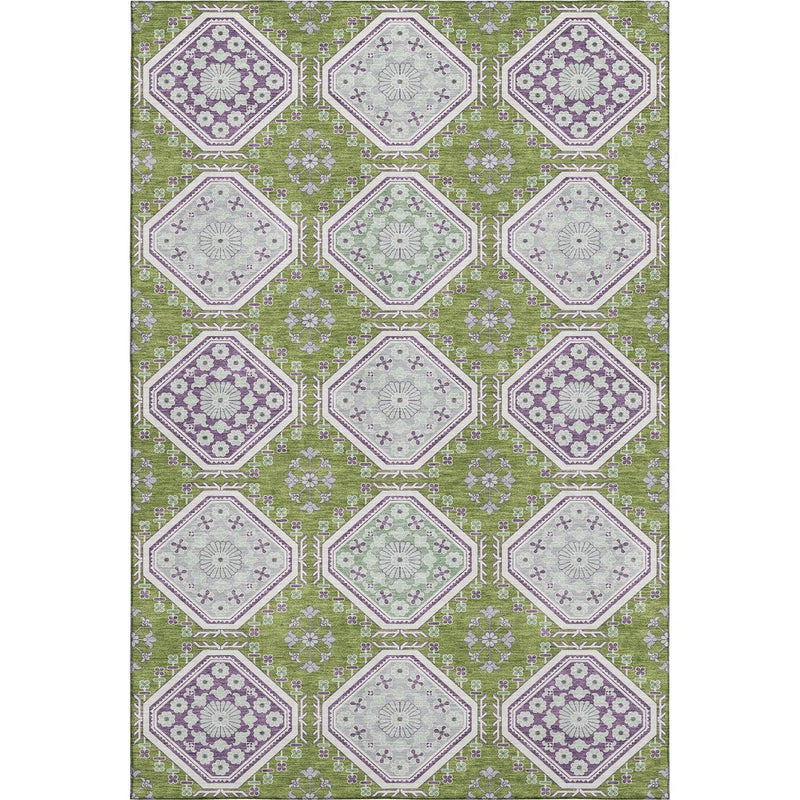 5' X 8' Lime Green Ivory And Purple Floral Washable Area Rug With UV Protection