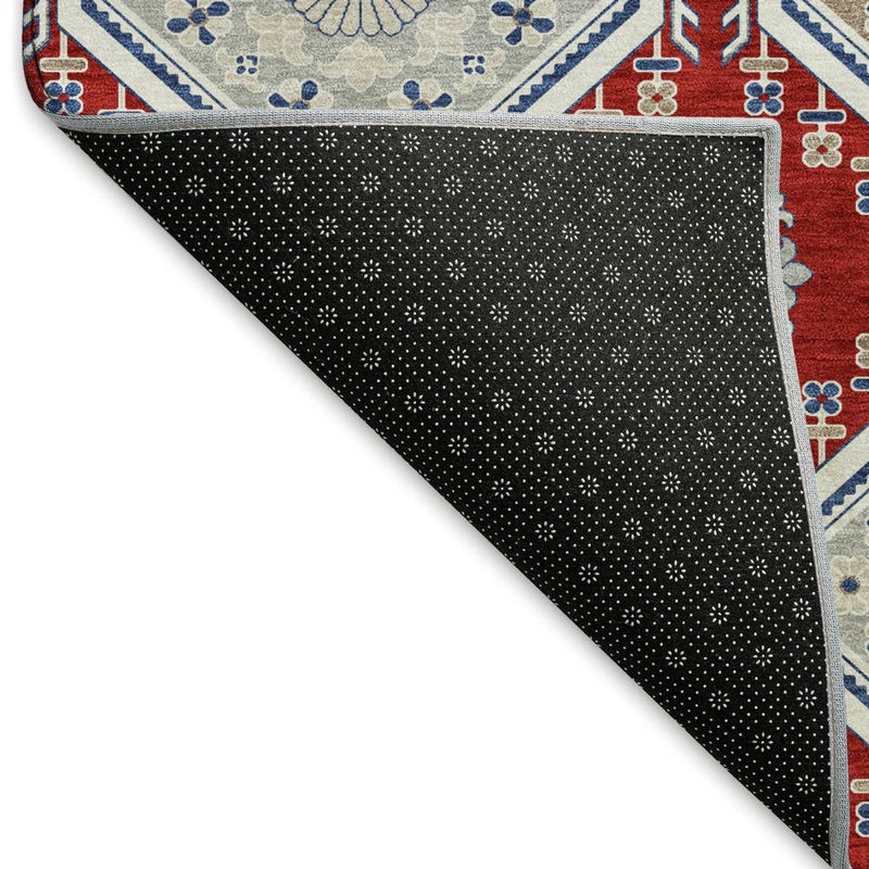 8' X 8' Red Navy Blue And Ivory Floral Washable Round Rug With UV Protection