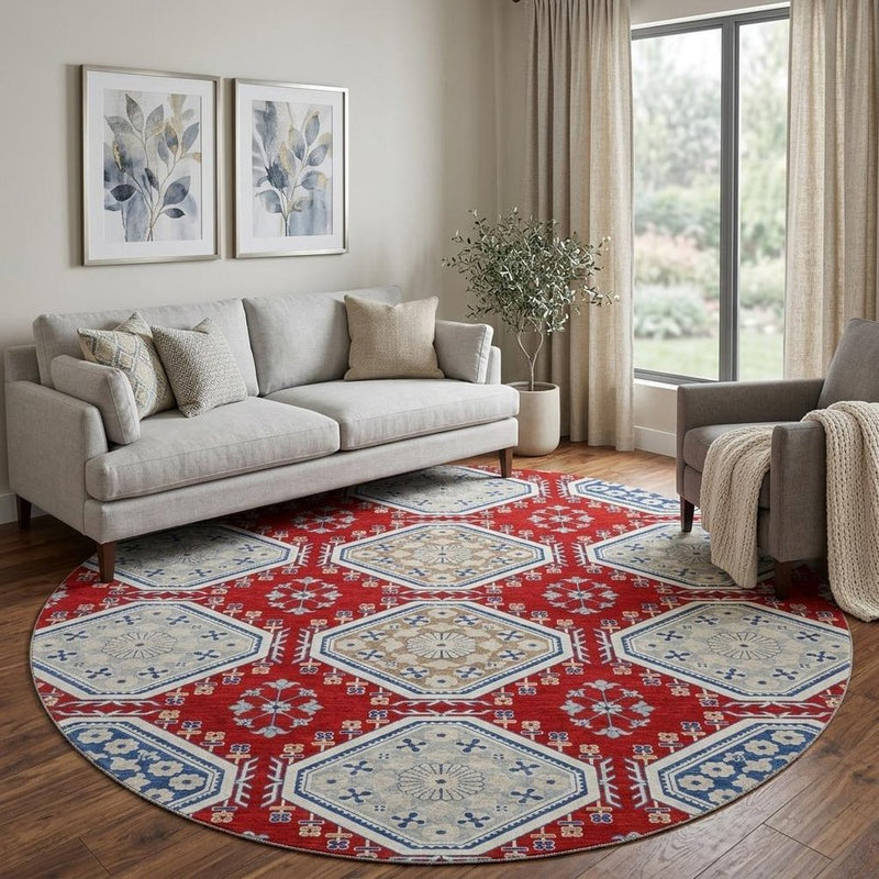 8' X 8' Red Navy Blue And Ivory Floral Washable Round Rug With UV Protection